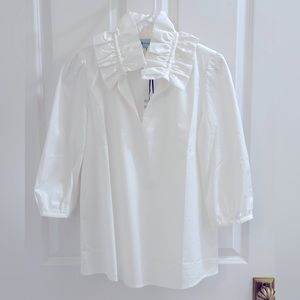 Tuckernuck - NWT - White Stretch Poplin Ruffle Neck Bouvier Blouse - Size S